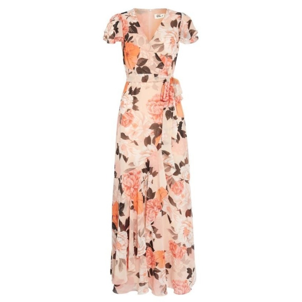 NWT Eliza‎ J Sz 0P Peach Floral Faux Wrap Ruffled Flutter Sleeves Maxi Dress